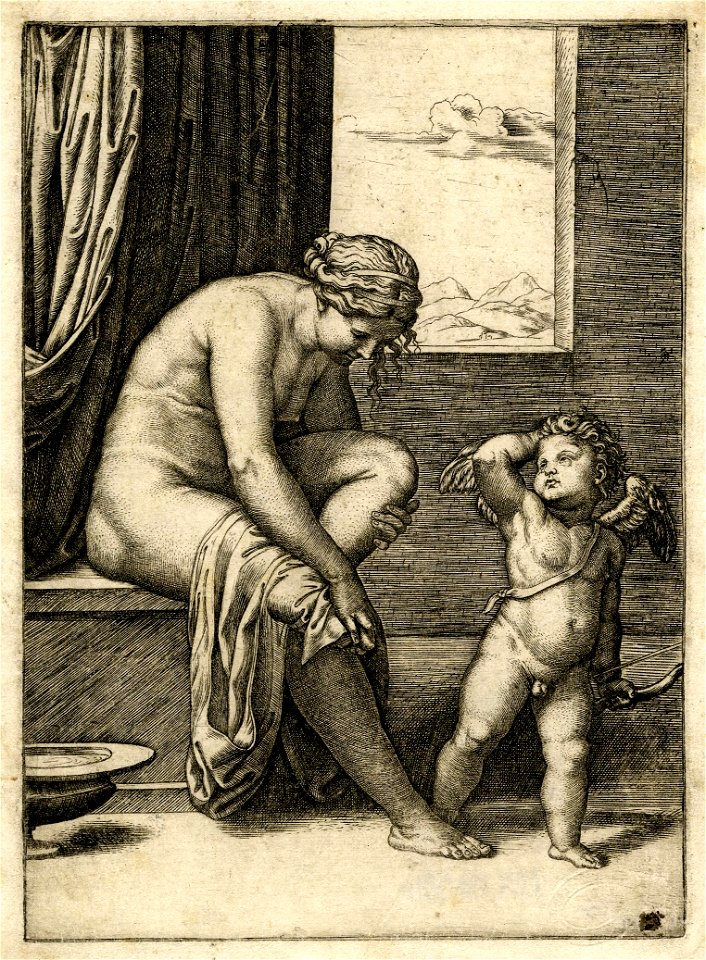 Marcantonio - After - Venus is nude, sitting at left drying her foot with a piece of drapery, Cupid, in front of her, 2006,U.389