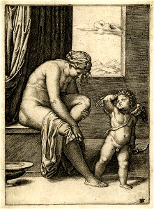 Marcantonio - After - Venus is nude, sitting at left drying her foot with a piece of drapery, Cupid, in front of her, 2006,U.389