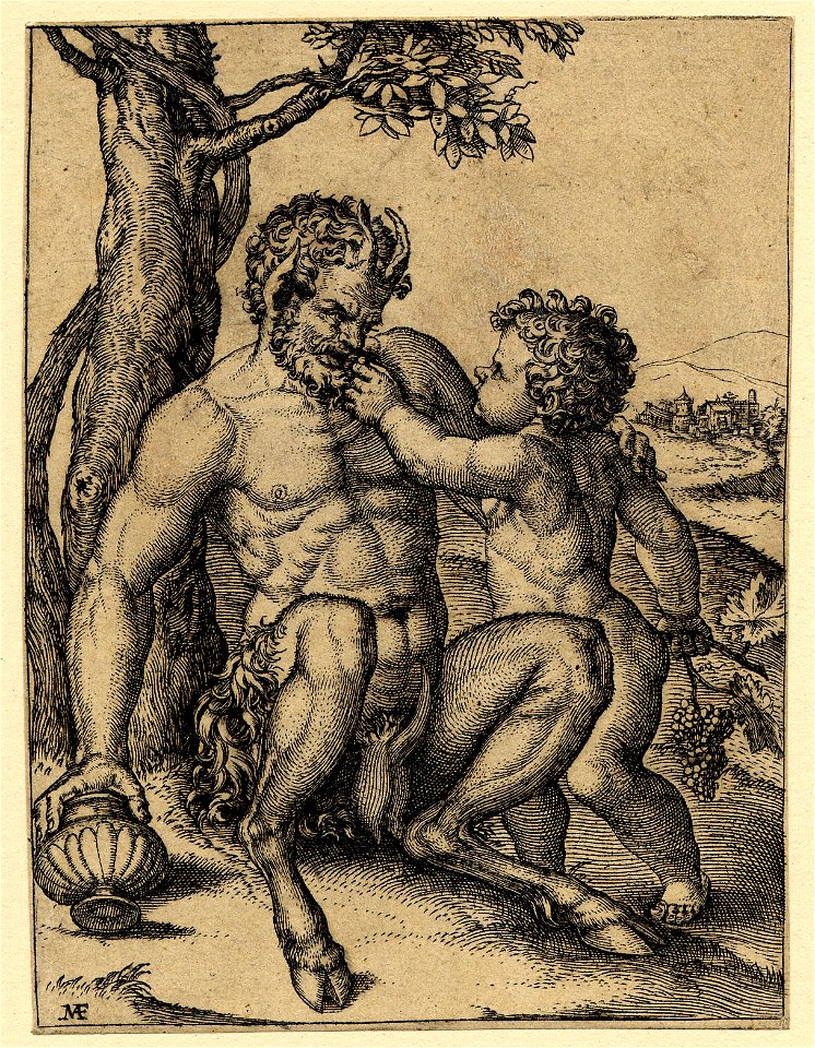 Marcantonio - A putto holding a bunch of grapes in his right hand and feeding a grape into the mouth of a satyr with the other, H,2.49