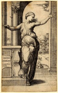 Marcantonio - Lucretia's suicide, she holds a blade in her left hand, set against a classical arcade, after Raphael, H,2.7