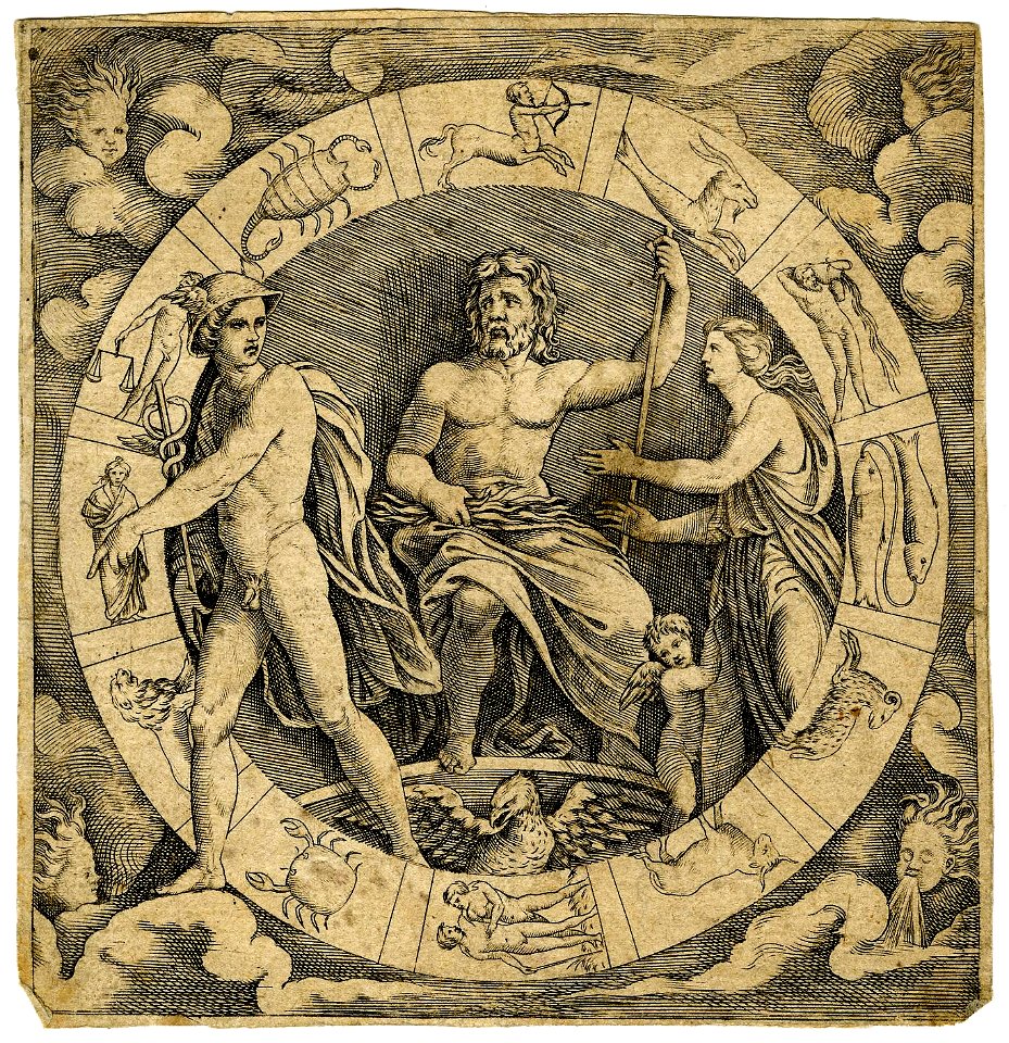 Marcantonio - After - Reversed copy of central tondo in upper fireze of the Quos Ego showing Neptune surrounded by signs of the houses of the heavens, Gg,4T.29