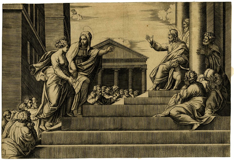 Marcantonio - After - Martha leading Mary Magdalene up a set of stairs to Christ who is seated at right between two columns at the entrance of a temple, so called 'Notre dame à l'escalier', 1870,0625.833