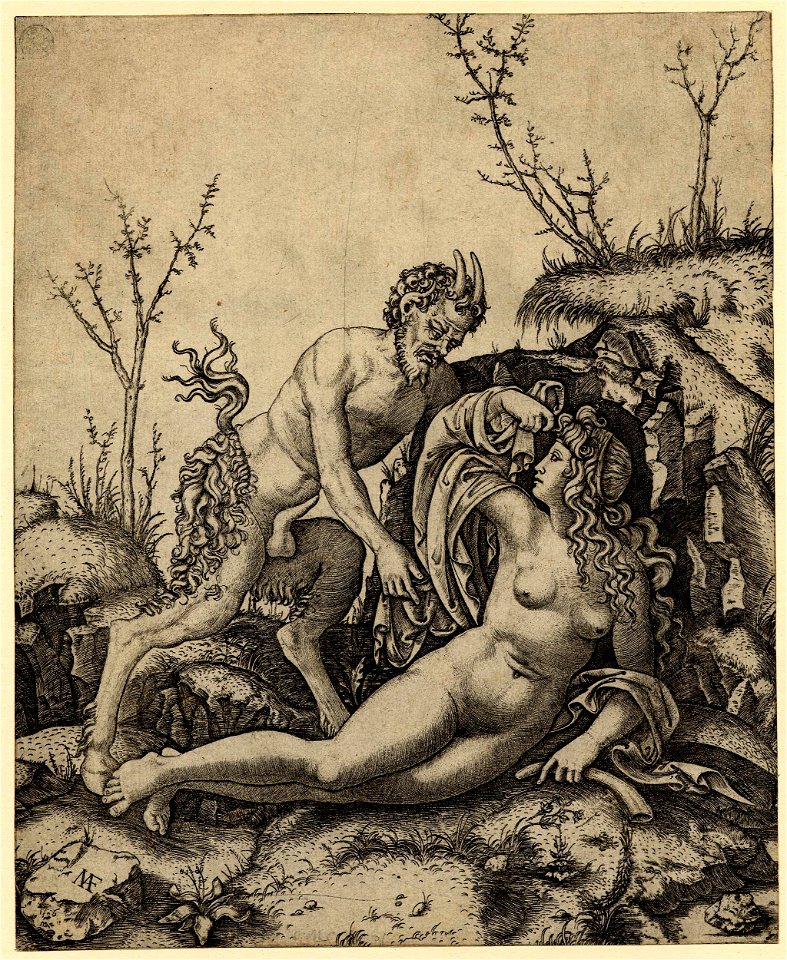 Marcantonio - A satyr approaching a nude nymph reclining at the entrance of a grotto, H,2.72