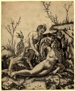Marcantonio - A satyr approaching a nude nymph reclining at the entrance of a grotto, H,2.72