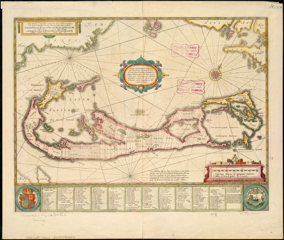 Mappa aestivarum insularum alias Barmudas dictarum, ad Ostia Mexicani aestuarij jacentium in latitudine graduum 32 minutorum 25. Ab Anglia Londino scilicet versus Libonotum 3300 Miliaribus Anglicanis, (4587172848)