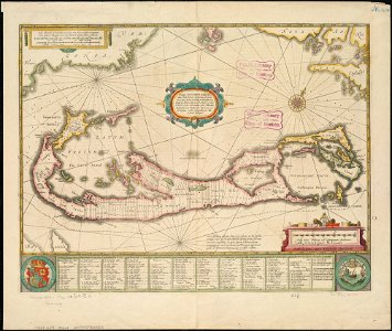 Mappa aestivarum insularum alias Barmudas dictarum, ad Ostia Mexicani aestuarij jacentium in latitudine graduum 32 minutorum 25. Ab Anglia Londino scilicet versus Libonotum 3300 Miliaribus Anglicanis, (4587172848)