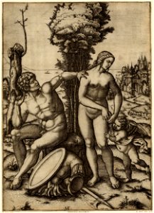 Marcantonio - Mars, nude and sitting on a rock, beside which lays an uninscribed shield and armour, H,2.95