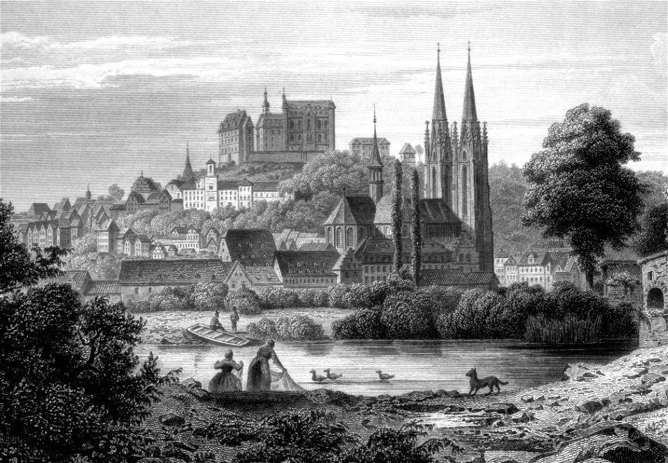 Marburg-Ansicht der Stadt mit der Elisabethkirche von Nordosten