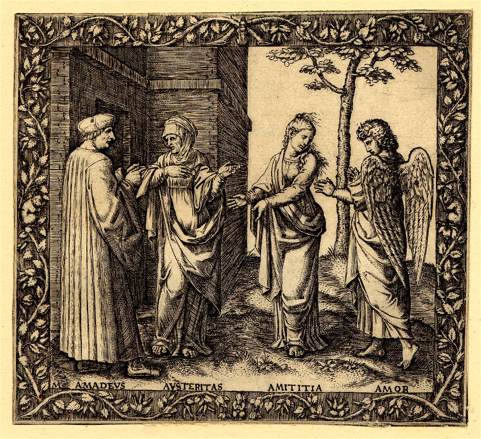 Marcantonio - A man conversing with an old woman at left who is gesturing with her left hand to a young woman and a young winged man at right, 1895,0915.126