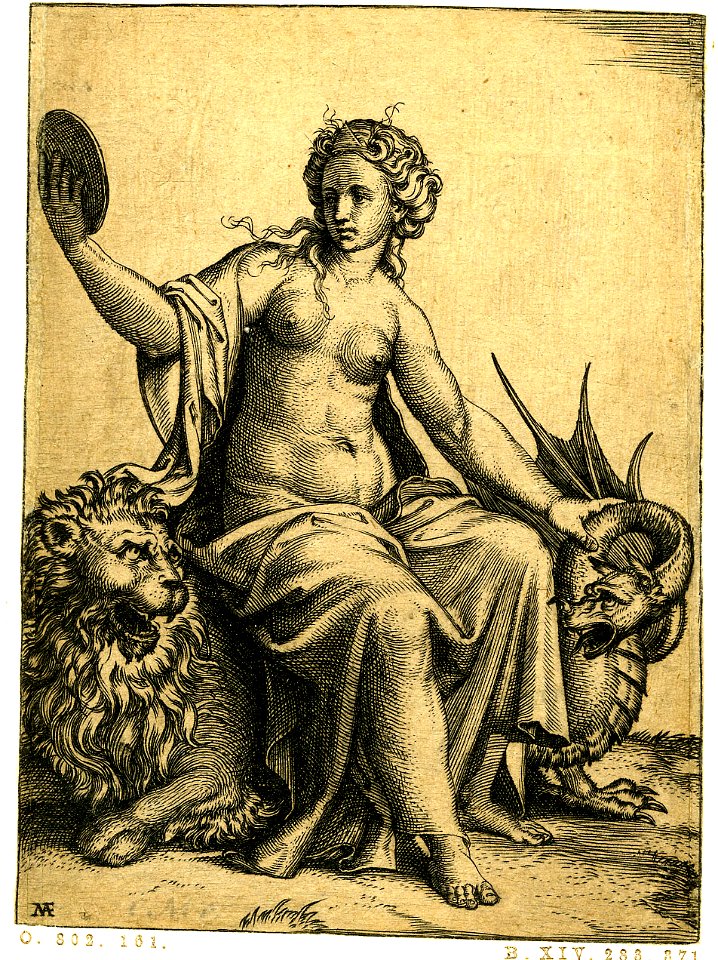 Marcantonio - Prudence, personified as a young woman, sitting half-nude on a lion and holding the neck of a dragon with her left hand, H,3.14