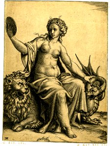 Marcantonio - Prudence, personified as a young woman, sitting half-nude on a lion and holding the neck of a dragon with her left hand, H,3.14