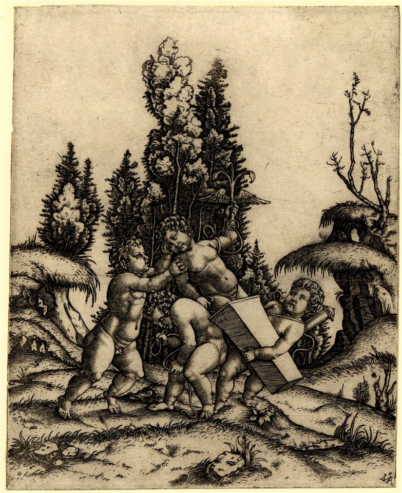 Marcantonio - Eros and two cupids carrying a case in which another cupid is standing, holding a winged anchor in his left hand, 1910,0212.338