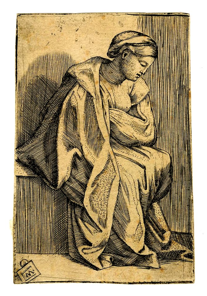 Marcantonio - After - Young woman sitting sideways, viewed in profile facing right, with head inclined downwards, H,3.63