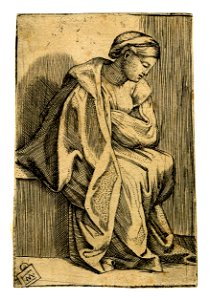 Marcantonio - After - Young woman sitting sideways, viewed in profile facing right, with head inclined downwards, H,3.63