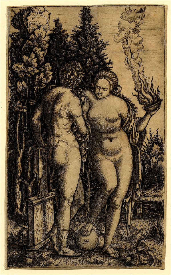 Marcantonio - A nude woman standing with her right foot raised on a ball, holding a flaming vessel in her left hand and leaning with her right on the shoulder of the nude man beside her, 1910,0212.341