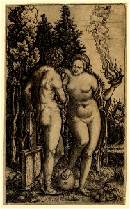 Marcantonio - A nude woman standing with her right foot raised on a ball, holding a flaming vessel in her left hand and leaning with her right on the shoulder of the nude man beside her, 1910,0212.341