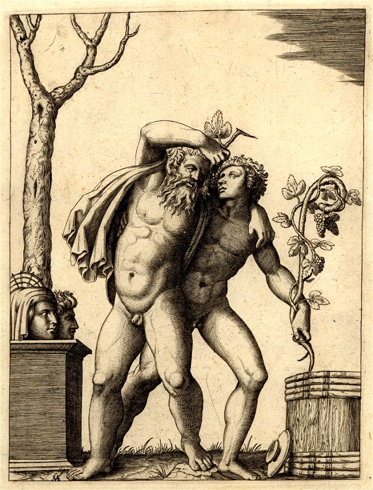 Marcantonio - An old bacchant holding a bunch of grapes in his raised right hand and draping his left arm over the shoulders of a youth holding a thrysus in his left hand, 1868,0822.42
