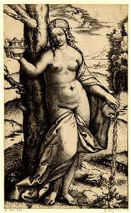 Marcantonio - A nude young woman, standing, holding a vase in her upraised right hand and watering a plant with a jug of water with her left, H,3.25