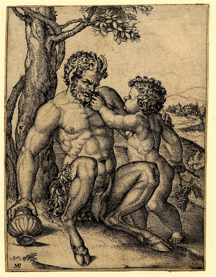 Marcantonio - A putto holding a bunch of grapes in his right hand and feeding a grape into the mouth of a satyr with the other, 1895,0915.120