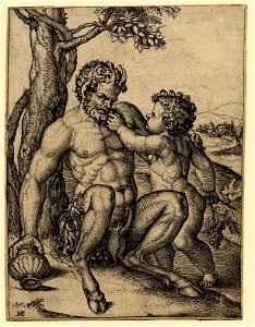 Marcantonio - A putto holding a bunch of grapes in his right hand and feeding a grape into the mouth of a satyr with the other, 1895,0915.120