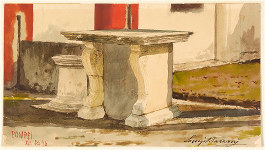 Marble table with plinth in Pompeii watercolor by Luigi Bazzani