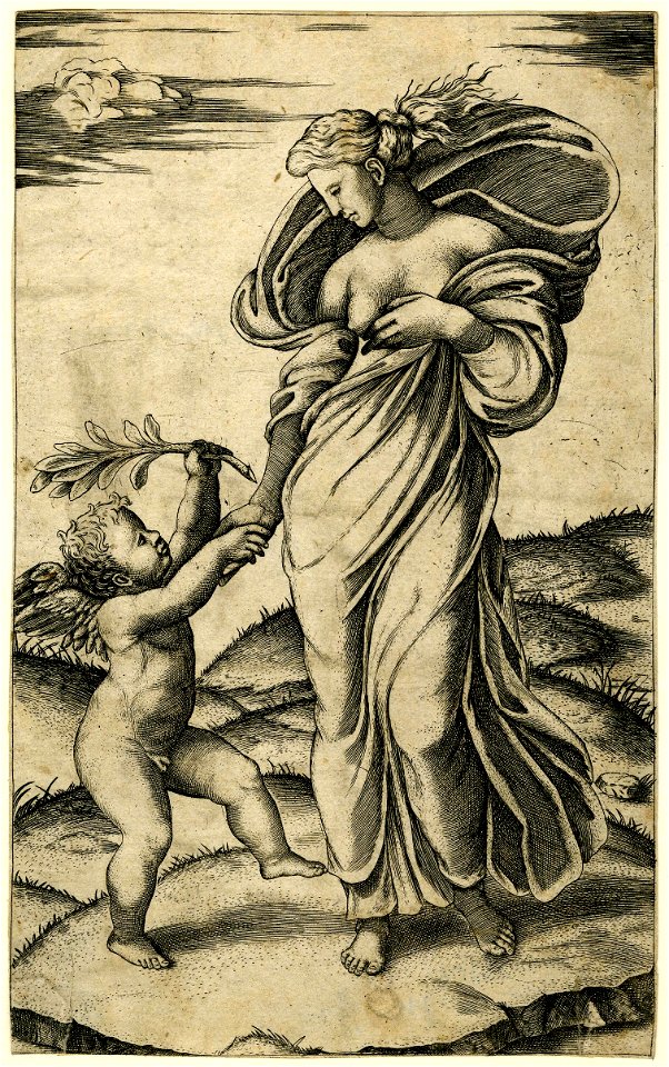 Marcantonio - Peace, personified as a woman standing in a landscape, holding the right hand of a little winged genius, 1868,0822.51