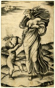 Marcantonio - Peace, personified as a woman standing in a landscape, holding the right hand of a little winged genius, 1868,0822.51