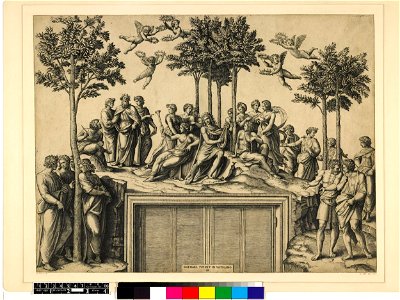 Marcantonio - Apollo sitting on Parnassus surrounded by the muses and famous poets, H,2.27