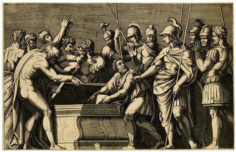 Marcantonio - After - Alexander standing at left accompanied by six soldiers, ordering a man to safely place the works of Homer into Darius' coffer, H,2.16