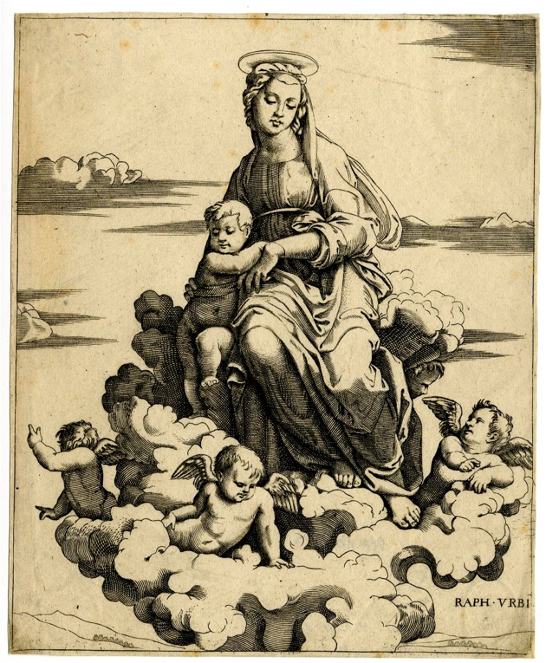 Marcantonio - After - The Virgin seated on clouds supporting the Christ Child who is at her right, with his left leg raised, H,1.40