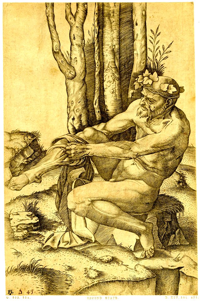 Marcantonio - A nude man, wearing a wreath of ivy, sitting on a rock in a landscape pulling on a pair of breeches with both hands, 1848,0911.241
