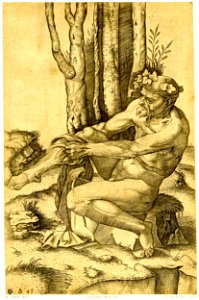 Marcantonio - A nude man, wearing a wreath of ivy, sitting on a rock in a landscape pulling on a pair of breeches with both hands, 1848,0911.241