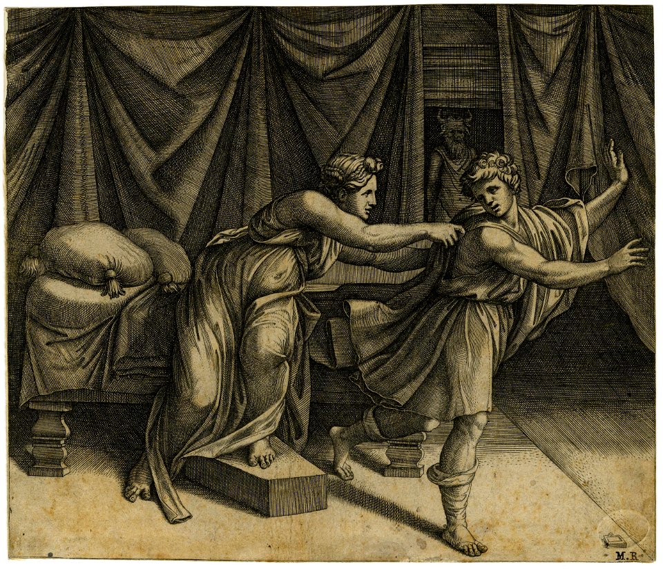 Marcantonio - Joseph fleeing from Potiphar's wife, who holds onto his cloak; after Raphael. c.1520, H,1.12