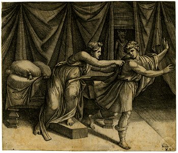 Marcantonio - Joseph fleeing from Potiphar's wife, who holds onto his cloak; after Raphael. c.1520, H,1.12. Free illustration for personal and commercial use.
