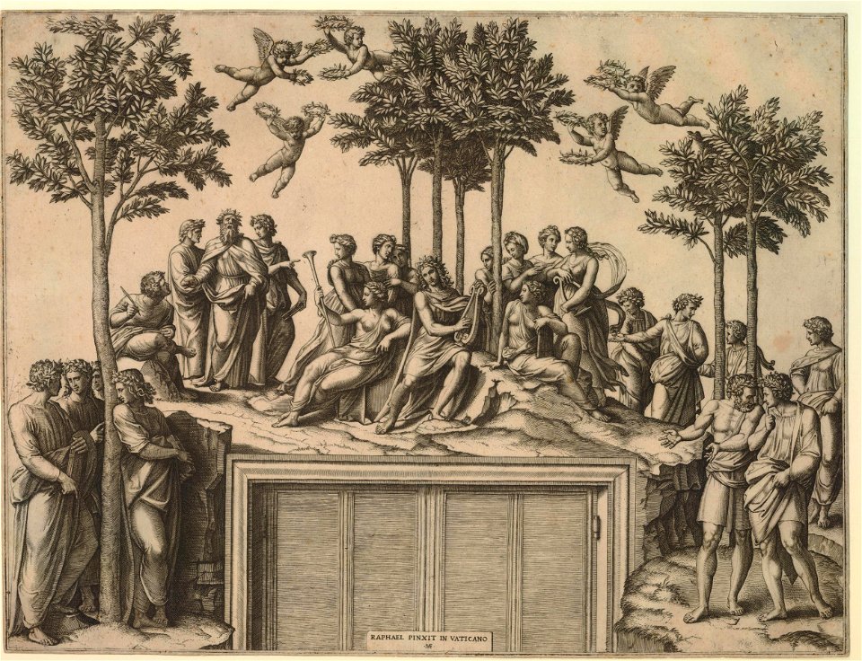 Marcantonio - Apollo seated on Parnassus among the Muses and famous poets, after Raphael. c.1515, 1895,0915.119