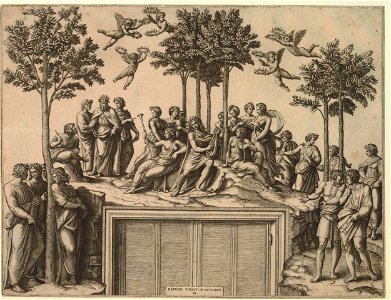Marcantonio - Apollo seated on Parnassus among the Muses and famous poets, after Raphael. c.1515, 1895,0915.119. Free illustration for personal and commercial use.
