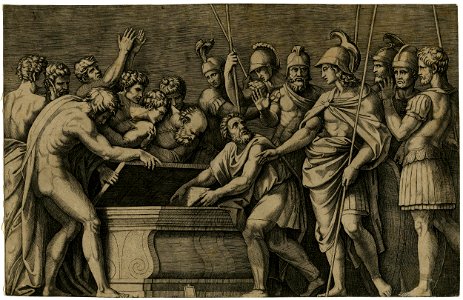 Marcantonio - Alexander standing at left accompanied by six soldiers, ordering a man to safely place the works of Homer into Darius' coffer, after Raphael. c.1520-25, H,2.15