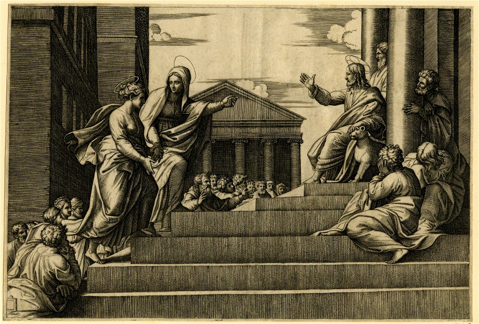 Marcantonio - Martha leading Mary Magdalene up a set of stairs to Christ who is seated at right between two columns at the entrance of a temple, so called 'Notre dame à l'escalier', 2005,U.107