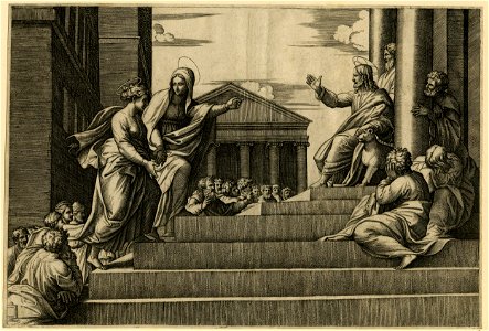 Marcantonio - Martha leading Mary Magdalene up a set of stairs to Christ who is seated at right between two columns at the entrance of a temple, so called 'Notre dame à l'escalier', 2005,U.107
