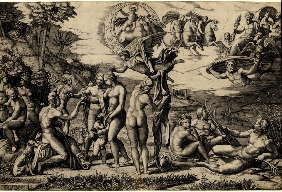 Marcantonio - The Judgement of Paris, sitting at left, with Venus, Juno and Pallas Athena, with winged victory above, H,2.25