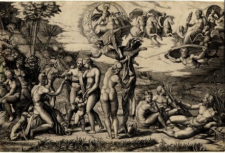 Marcantonio - The Judgement of Paris, sitting at left, with Venus, Juno and Pallas Athena, with winged victory above, H,2.25