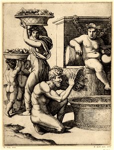 Marcantonio - A nude man pouring grapes from a basket into a vat, above Bacchus sitting, holding a drinking crater in his left hand and leaning on a barrel with his right, H,2.61