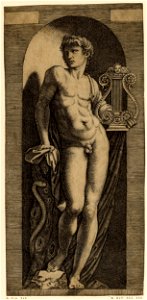 Marcantonio - A statue of Apollo, standing in contrapposto in a niche, H,2.83