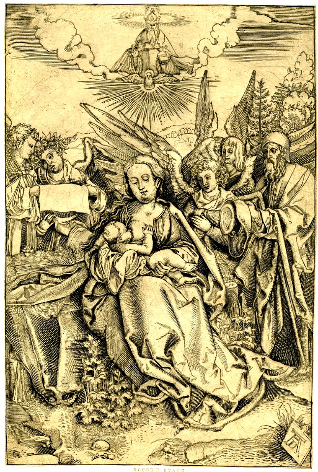 Marcantonio - In a landscape, the seated Virgin is breast-feeding the Child with St Joseph standing behind on the right, E,3.178