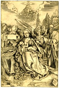 Marcantonio - In a landscape, the seated Virgin is breast-feeding the Child with St Joseph standing behind on the right, E,3.178