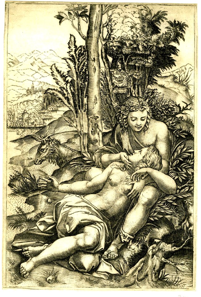 Marcantonio - A man sitting on the ground, looking down at and caressing a woman whose head lies in his lap, 1877,1124.22