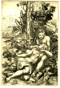 Marcantonio - A man sitting on the ground, looking down at and caressing a woman whose head lies in his lap, 1877,1124.22