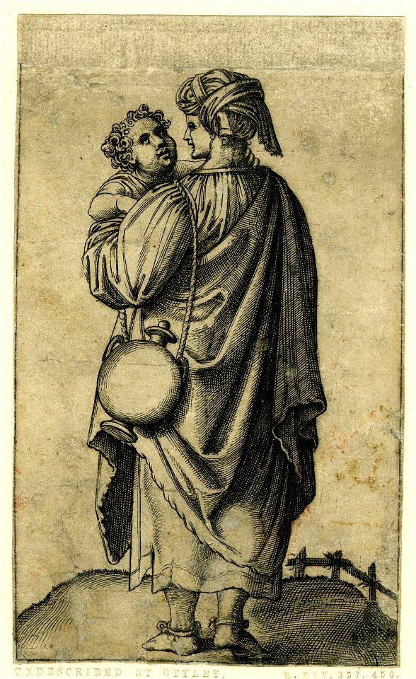 Marcantonio - A turbaned woman seen from behind, carrying a child in her left arm and a flask over her left shoulder, H,3.65