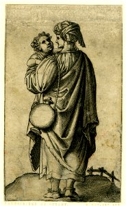 Marcantonio - A turbaned woman seen from behind, carrying a child in her left arm and a flask over her left shoulder, H,3.65