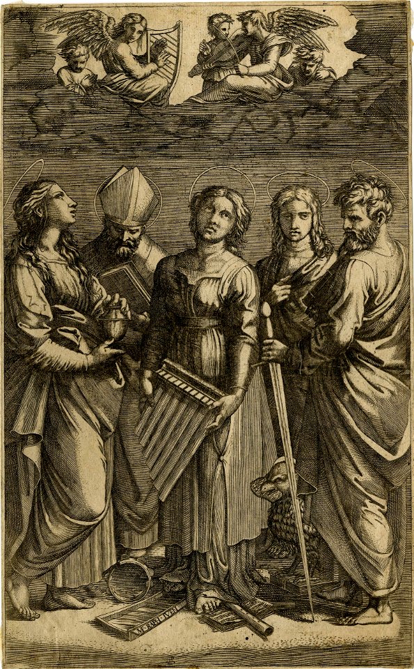 Marcantonio - After - St Cecilia holding a small organ, looks up towards a clearing in the clouds in which five angels with musical instruments appear, V,5.113